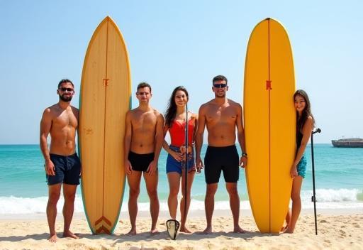 The friendly team of Arabian Coast Surfing standing proudly on Jumeirah Beach with surfboards and paddleboards