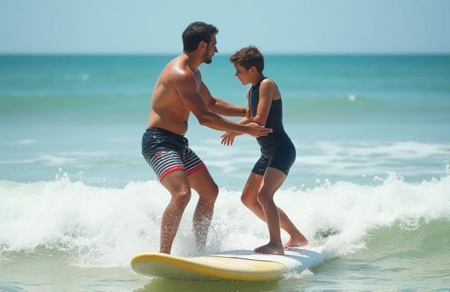 Surfing instructor helping a beginner student stand up on a board
