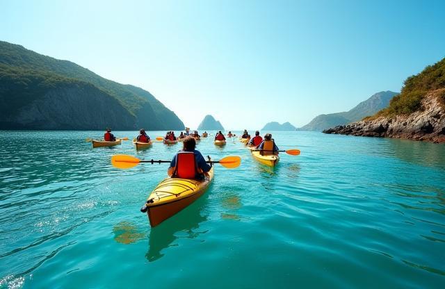 Group of kayakers paddling near the scenic coastline