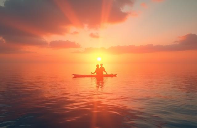 Couple on paddleboards enjoying the sunset over the water