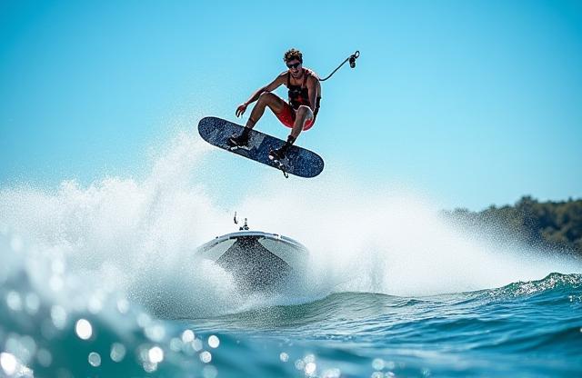 Wakeboarder performing an aerial grab trick behind a boat