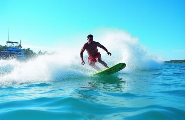 Person riding the artificial wave created by a wakesurfing boat
