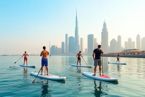 Card image for paddleboard tours showing people on paddleboards near the city skyline